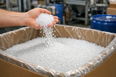 Plastic pellets and molded parts with scrap material representing resin waste and production inefficiency in plastics processing.