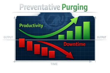 Injection molding machine undergoing preventative purging to reduce contamination, scrap, and unplanned downtime.