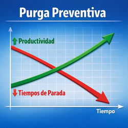 Máquina de moldeo por inyección realizando purga preventiva para reducir contaminación, scrap y tiempos muertos no planeados.