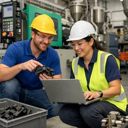 Two process engineers reviewing injection molding part quality.