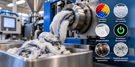 Compuesto de purga utilizado para limpiar equipos de moldeo por inyección y extrusión durante cambios de material, arranques y mantenimiento preventivo.