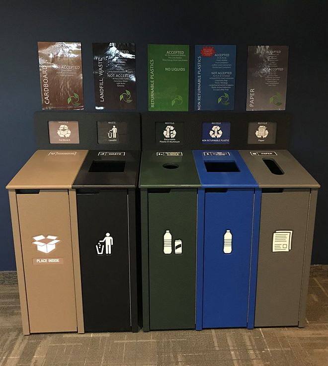 waste bins for cardboard, landfill, returnable plastics, non-returnable plastics, and paper